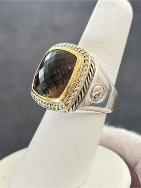 David Yurman 925 & 18k Gold 14mm Albion Ring with Smoky Quartz & Diamonds 7